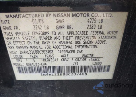 2008 Nissan Altima 2.5 S z USA, uszkodzony, nr VIN 1N4AL21E88C202408